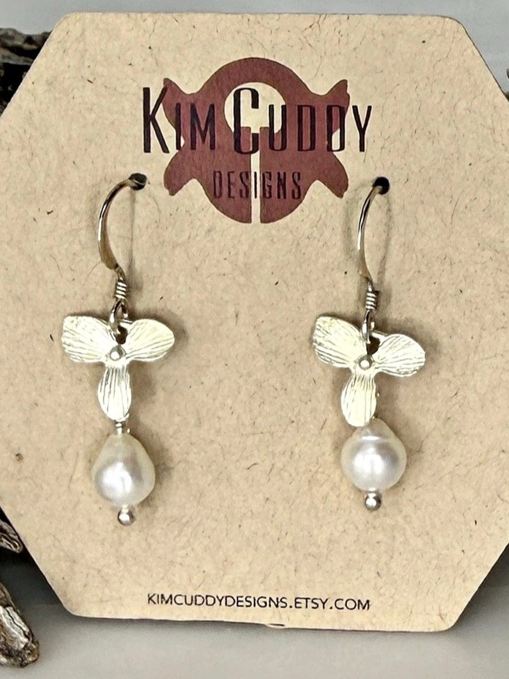 Delicate Sterling Silver Floral Drop Earrings with White Pearl Drops